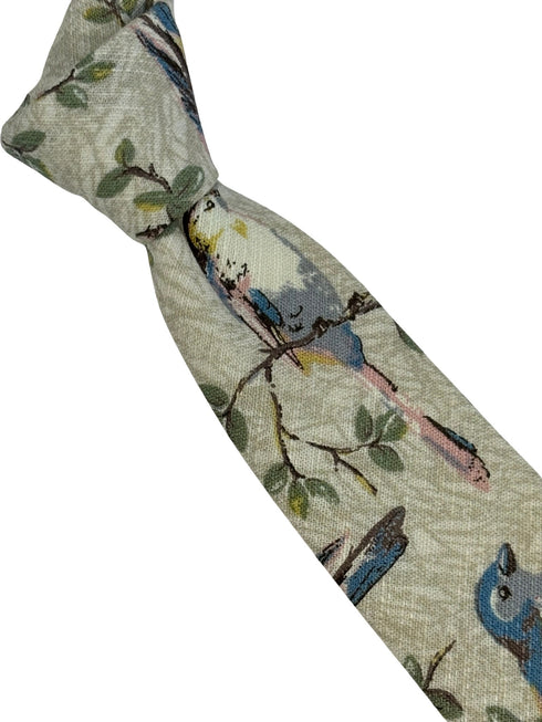 grey greige floral cotton tie  with bird robin bluetit design